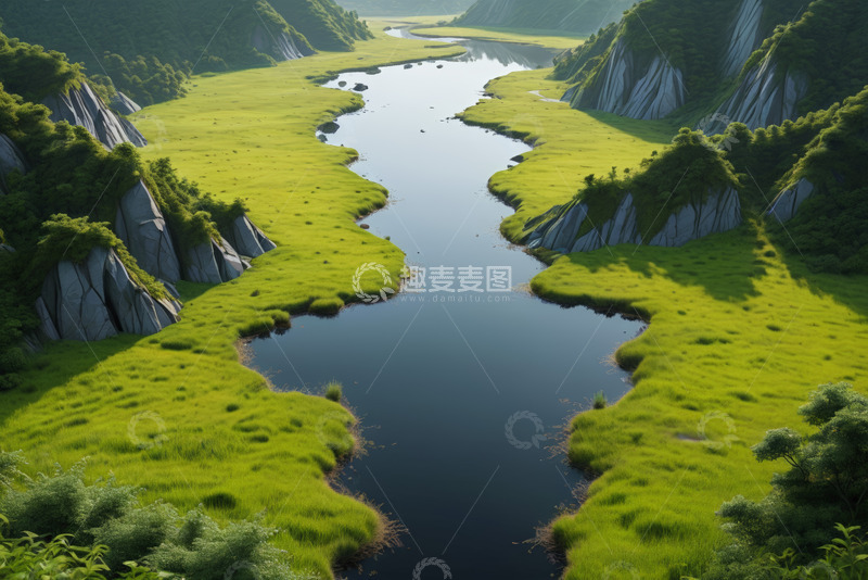高清大图下载【趣麦麦图】山谷间河流与草地风景