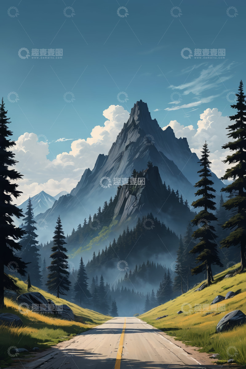 高清大图下载【趣麦麦图】山间公路旁的森林与远山景色
