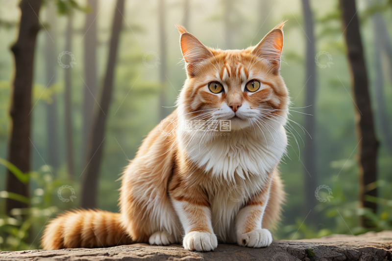 高清大图下载【趣麦麦图】森林中坐立的橘色长毛猫