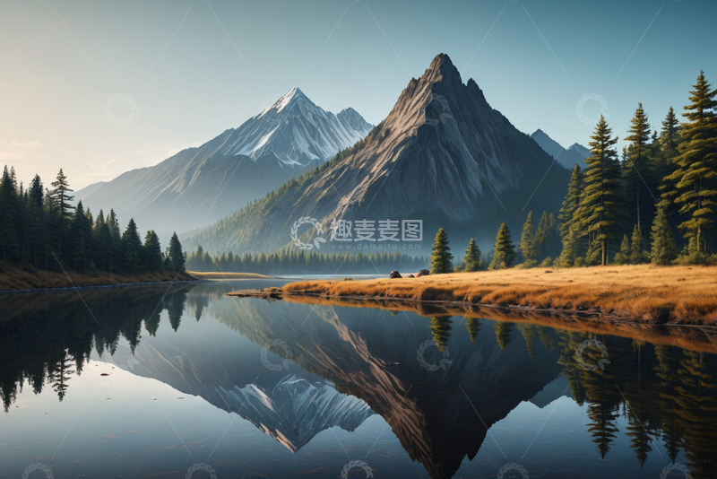 高清大图下载【趣麦麦图】山林湖泊与雪山自然风光