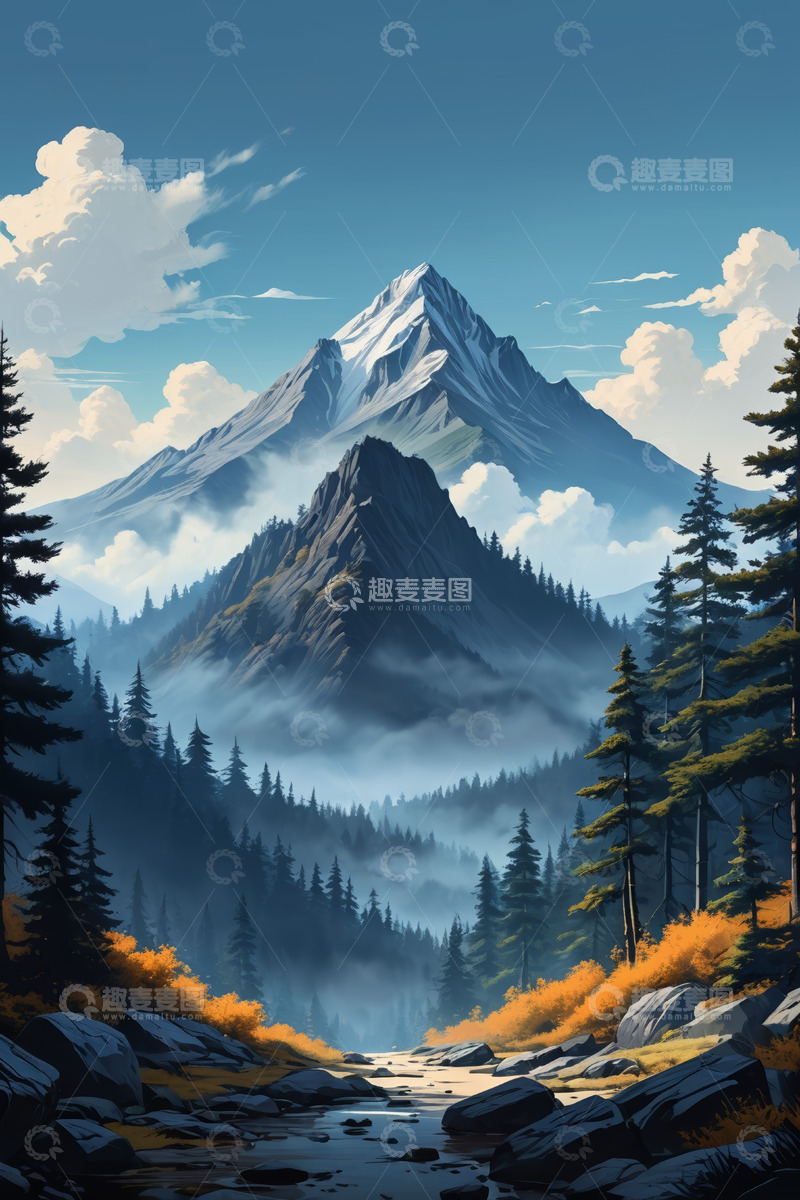 高清大图下载【趣麦麦图】山林间巍峨雪山自然风光