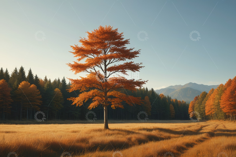 高清大图下载【趣麦麦图】秋季原野中的单棵橙叶树木