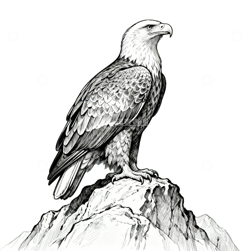 高清大图下载【趣麦麦图】黑白鹰栖息在岩石素描图