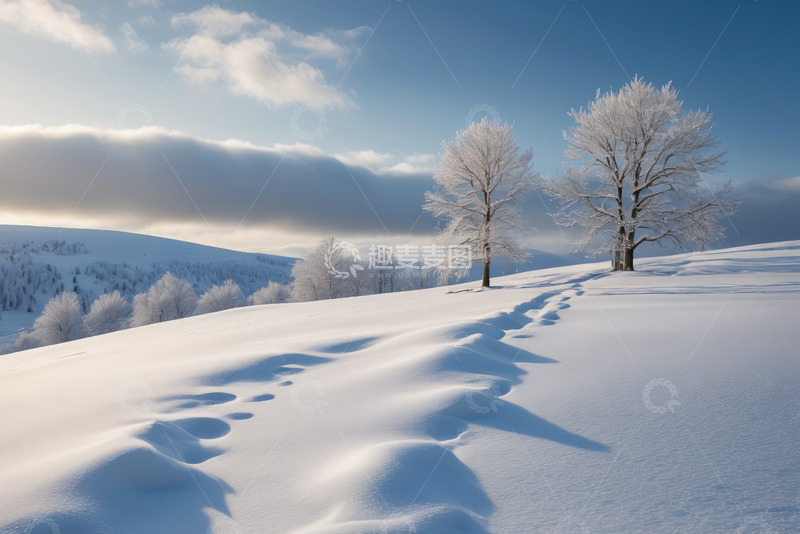 高清大图下载【趣麦麦图】雪覆盖的山坡与树木风景