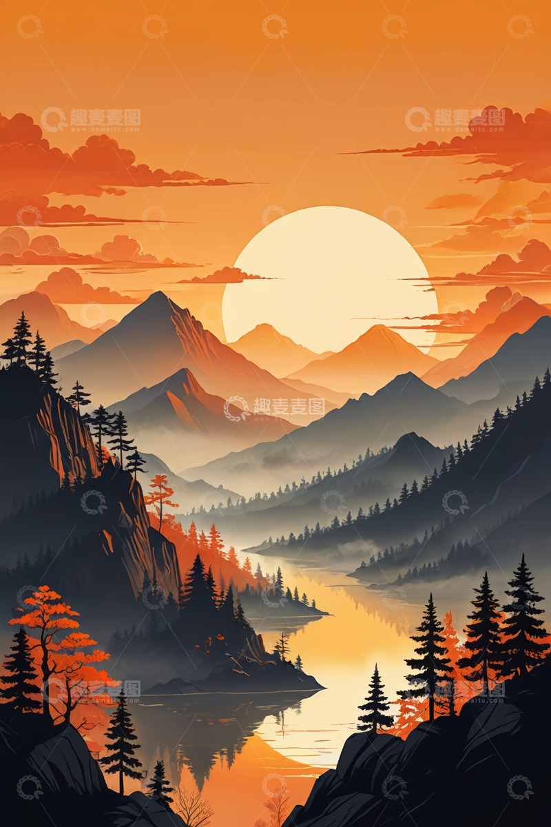 高清大图下载【趣麦麦图】山间日落自然风光