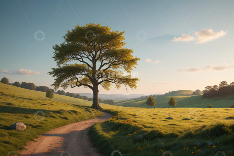 高清大图下载【趣麦麦图】田野中孤树与蜿蜒小路景象