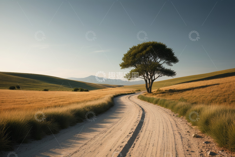 高清大图下载【趣麦麦图】原野中蜿蜒道路旁的孤树