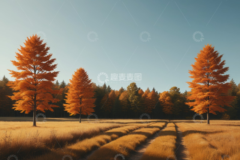 高清大图下载【趣麦麦图】秋日旷野中的橙黄树木