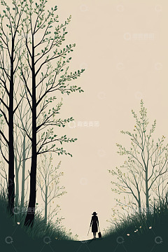 森林中持杖独行的人物剪影