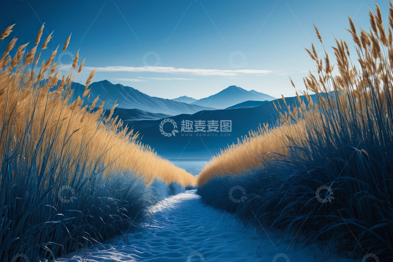 高清大图下载【趣麦麦图】山间小道旁的金色芦苇与远山