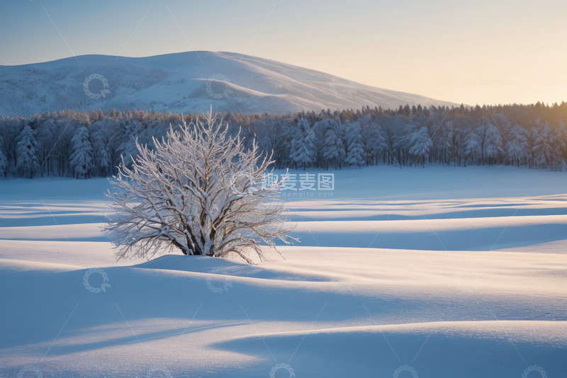 高清大图下载【趣麦麦图】雪地中孤树与远处雪林景观