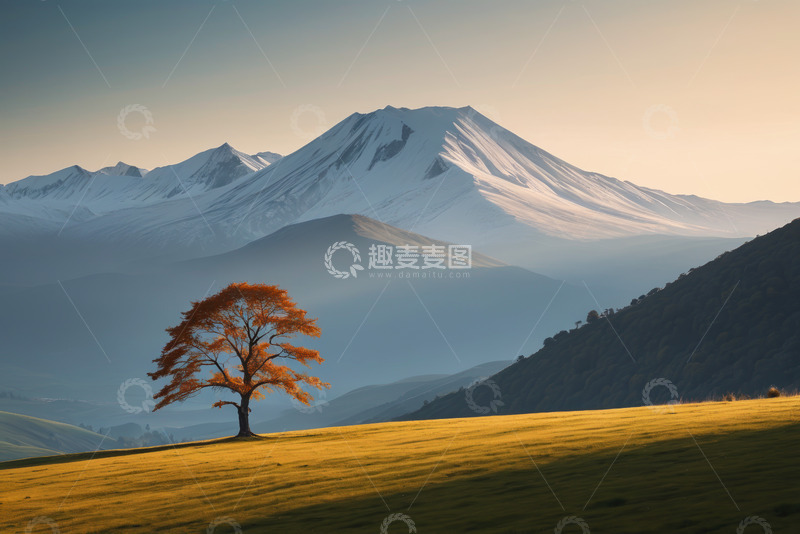 高清大图下载【趣麦麦图】草原孤树与远处雪山风光