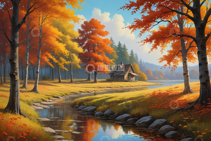 高清大图下载【趣麦麦图】秋日森林中的小屋与溪流