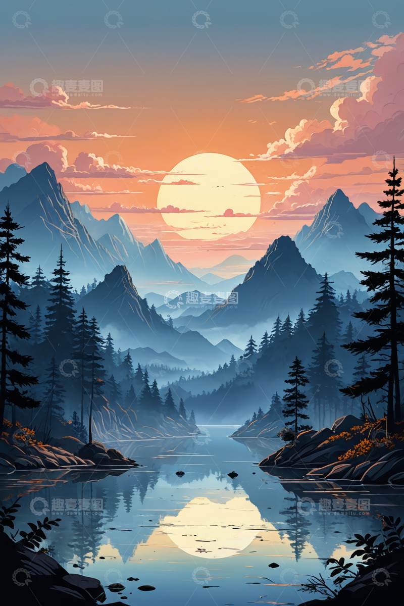 高清大图下载【趣麦麦图】山间湖泊日落自然风光