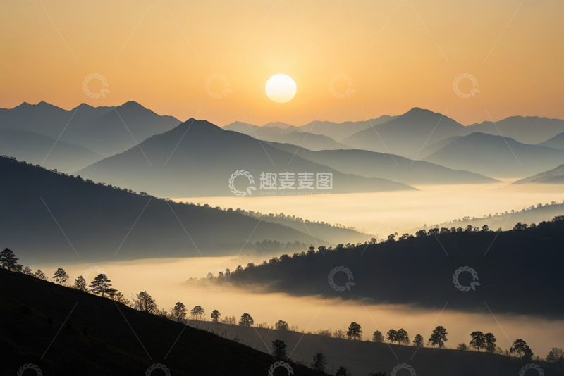 高清大图下载【趣麦麦图】山间日出晨雾缭绕美景