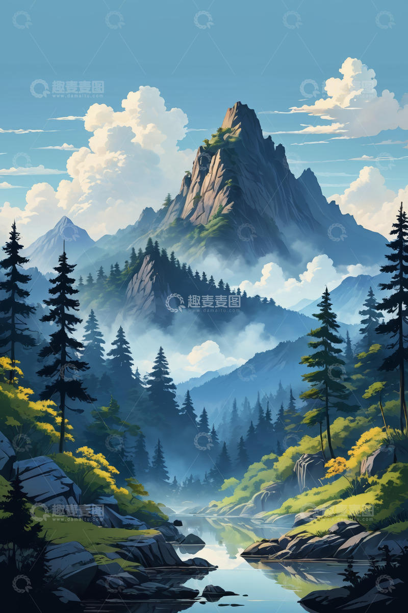 高清大图下载【趣麦麦图】山林间河流与巍峨山峰景观