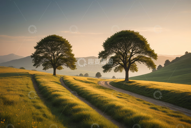 高清大图下载【趣麦麦图】田野间双树自然风光