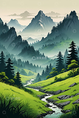 山间森林溪流自然风光