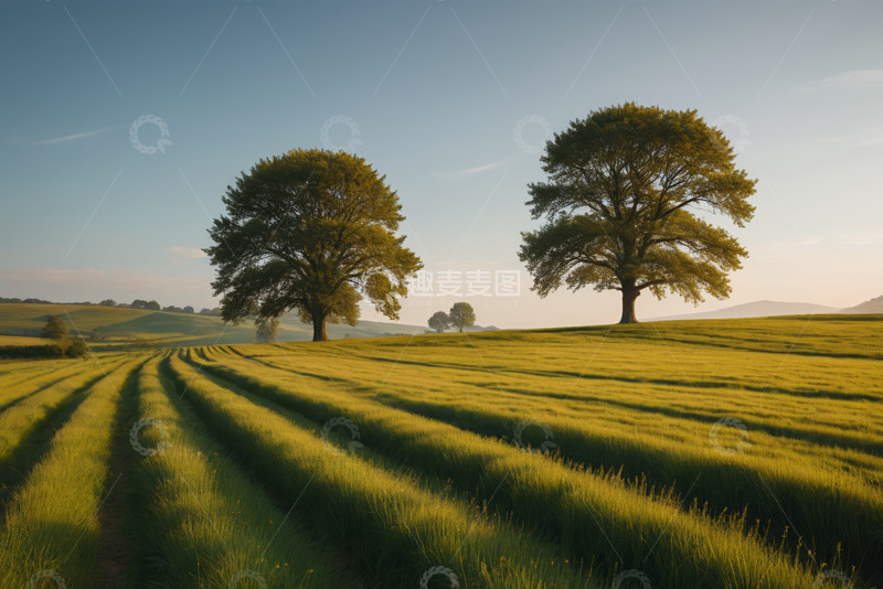 高清大图下载【趣麦麦图】田野上的两棵大树自然风光