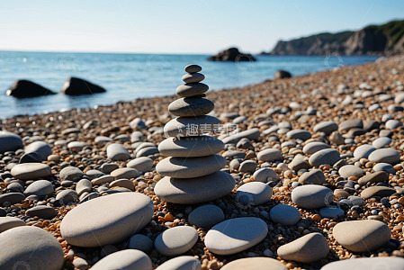 海滩上堆叠的鹅卵石景观