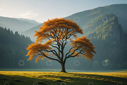 山间草地单棵金秋树木景观