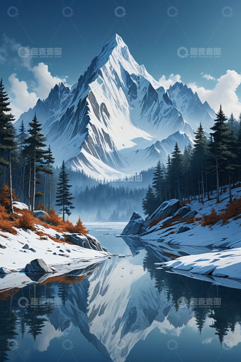 高清大图下载【趣麦麦图】雪山森林湖泊自然景观