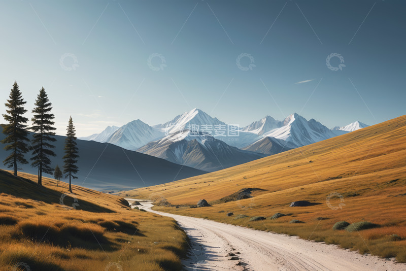 高清大图下载【趣麦麦图】山间秋色草原与雪山风景