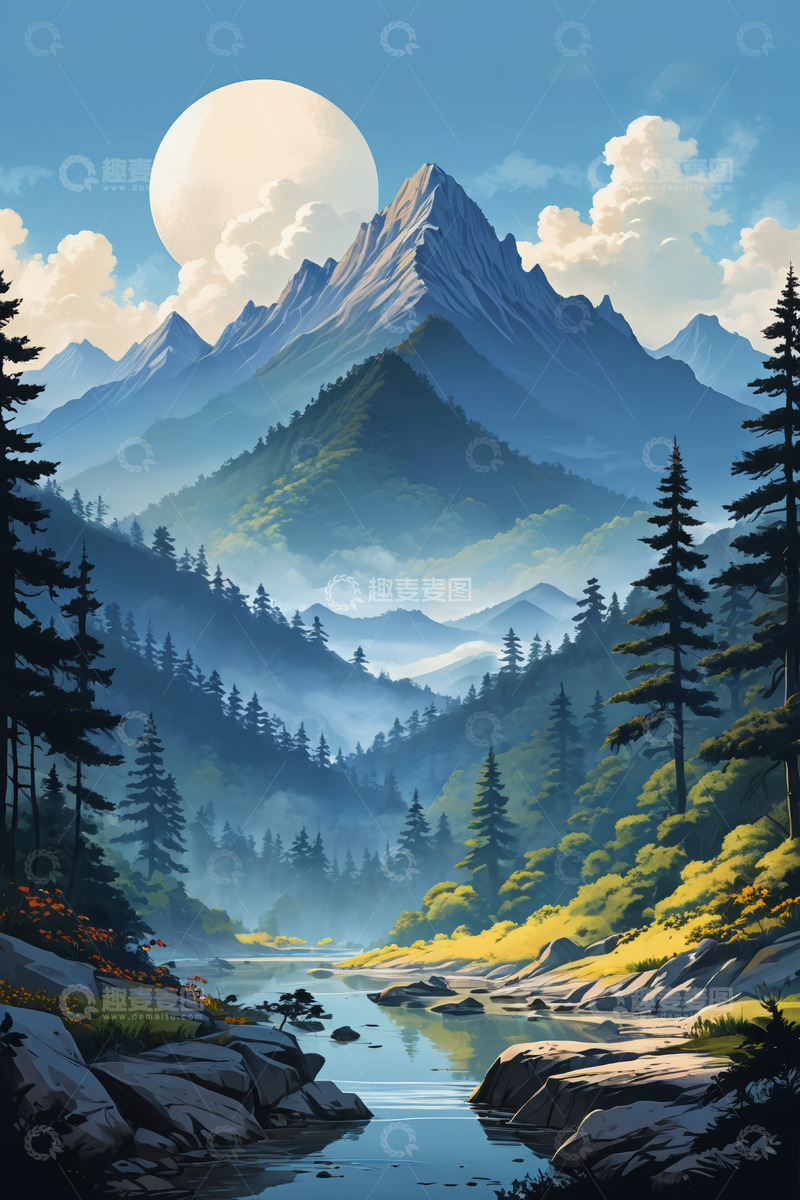 高清大图下载【趣麦麦图】山林月夜自然风光景象