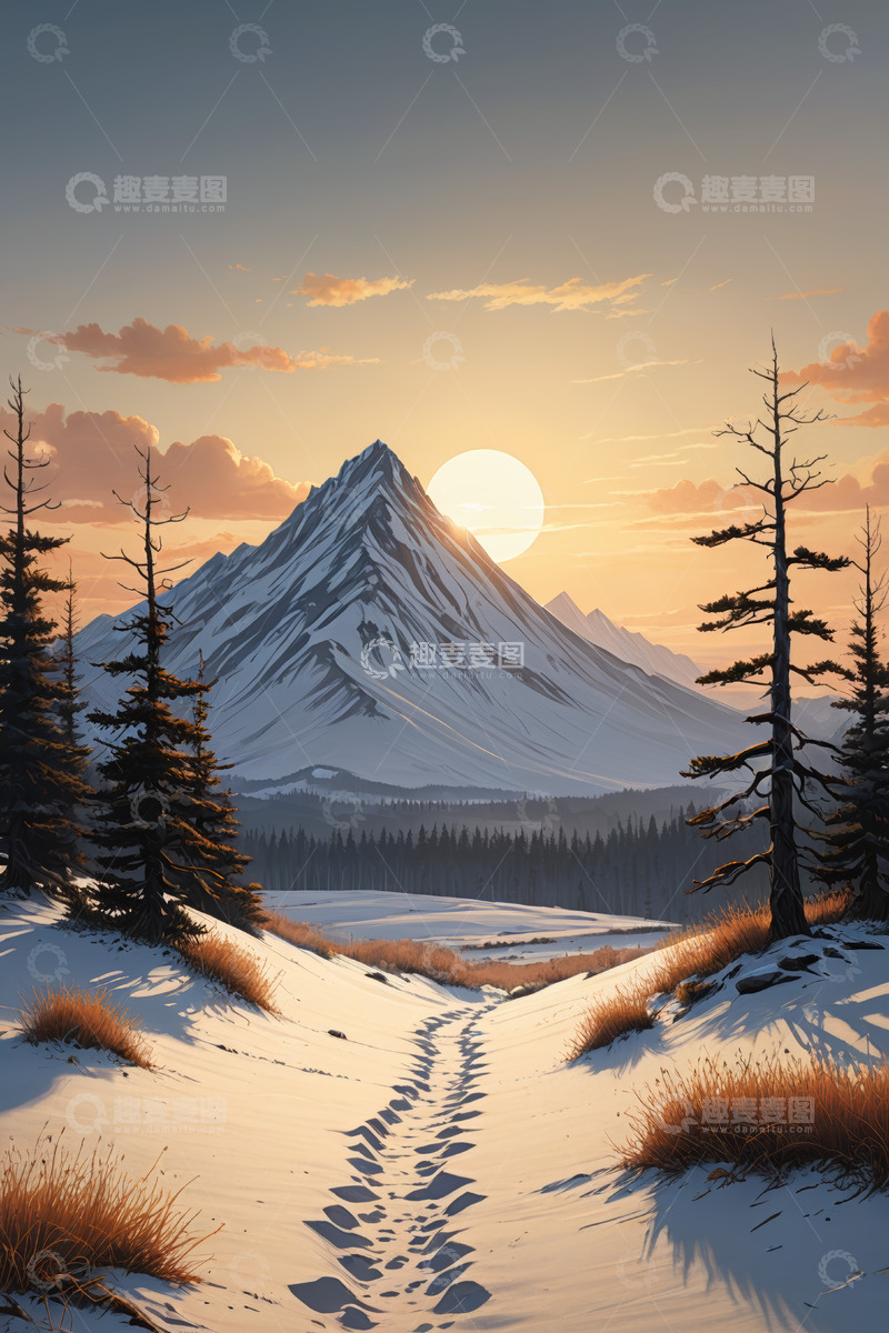 高清大图下载【趣麦麦图】雪山日落景象