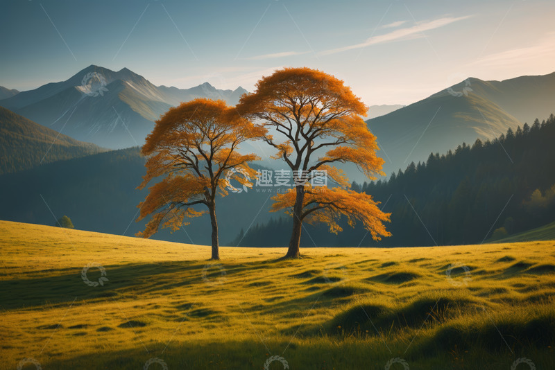 高清大图下载【趣麦麦图】山间草地两棵金黄树木风景