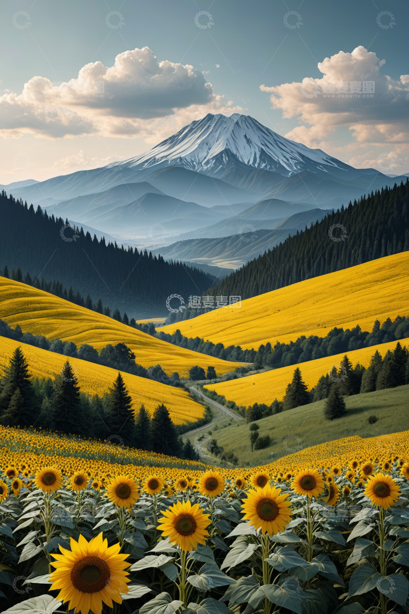 高清大图下载【趣麦麦图】向日葵田野与远山风景