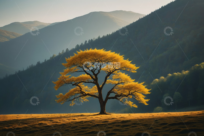 高清大图下载【趣麦麦图】旷野中金黄色树木与远山景观