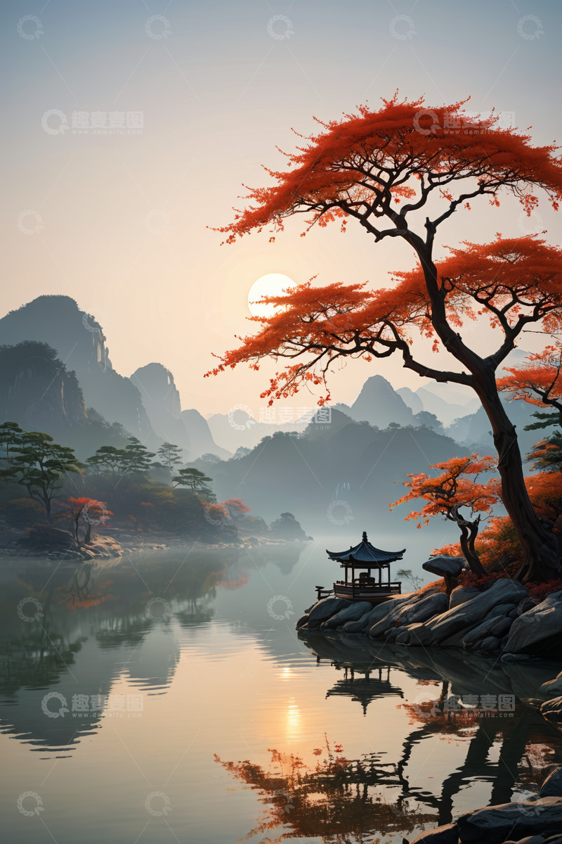 高清大图下载【趣麦麦图】山水间落日与红枫古亭景观