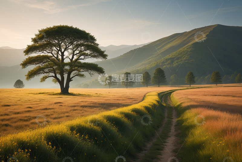 高清大图下载【趣麦麦图】田野中孤树与山间小路风景
