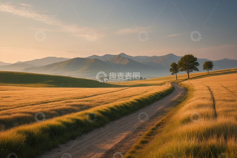 高清大图下载【趣麦麦图】田野间蜿蜒小路与远山风景
