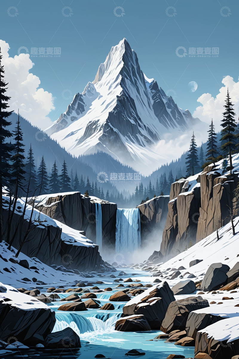 高清大图下载【趣麦麦图】雪山下的森林瀑布景观