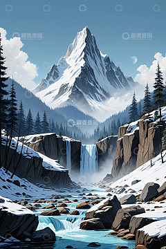 雪山下的森林瀑布景观
