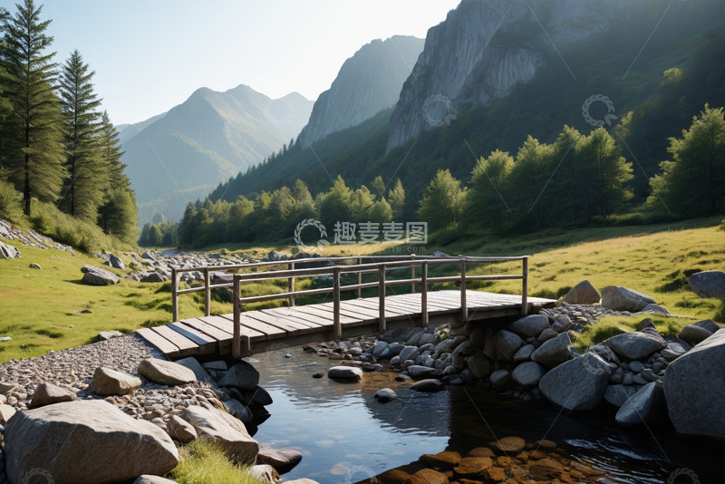 高清大图下载【趣麦麦图】山间小溪上的木质小桥风景