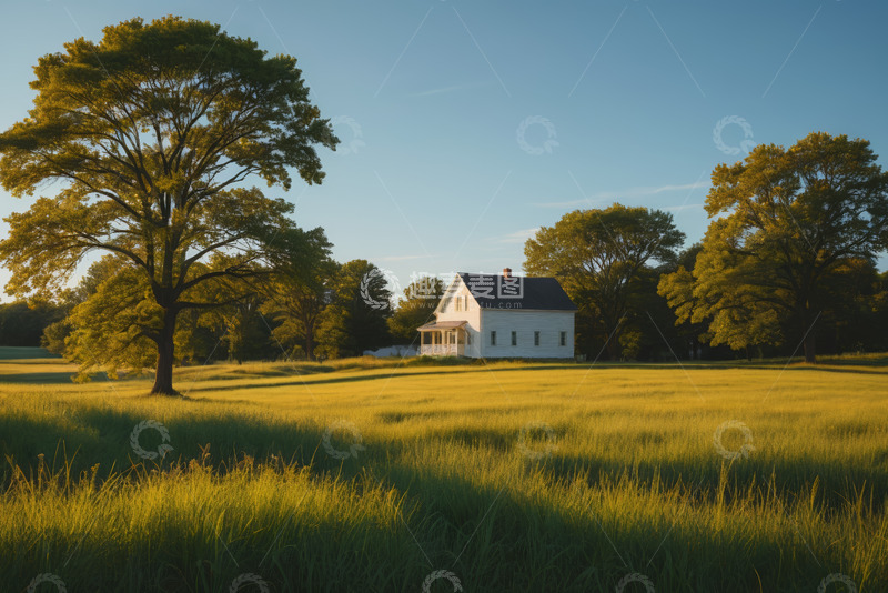 高清大图下载【趣麦麦图】田野中的白色房屋与绿树