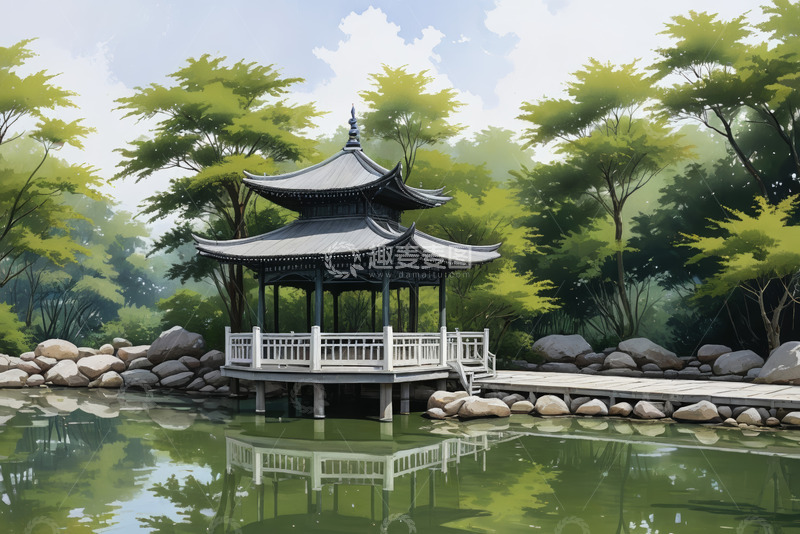 高清大图下载【趣麦麦图】湖畔中式凉亭自然风光