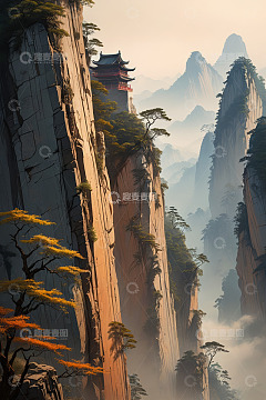 山间悬崖古建筑远景