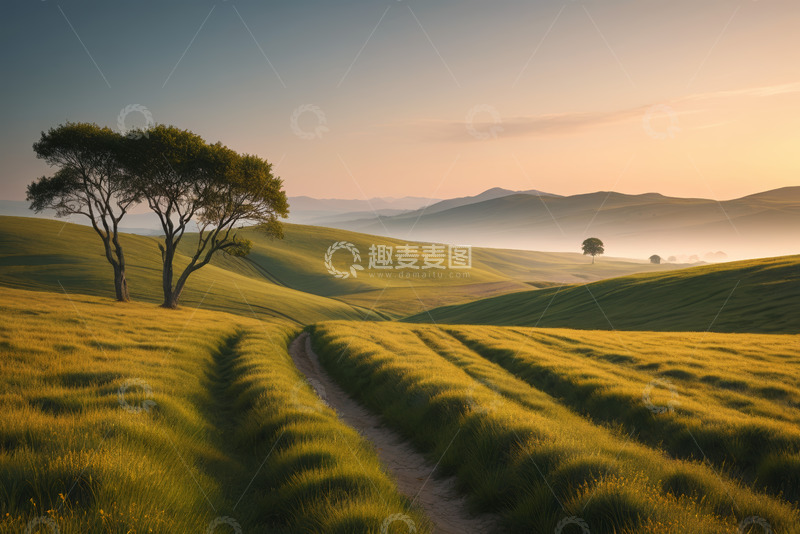 高清大图下载【趣麦麦图】田野间的双树与蜿蜒小路