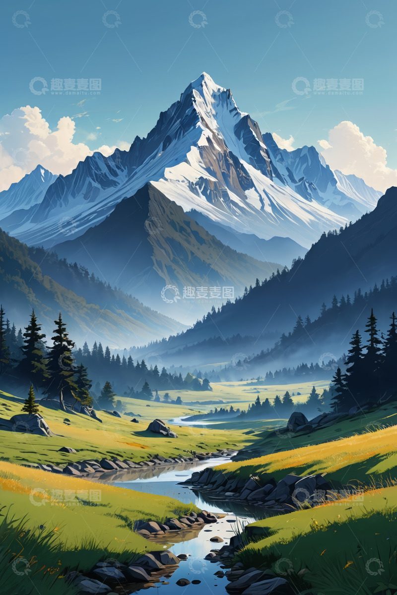 高清大图下载【趣麦麦图】雪山下的草地溪流自然风光