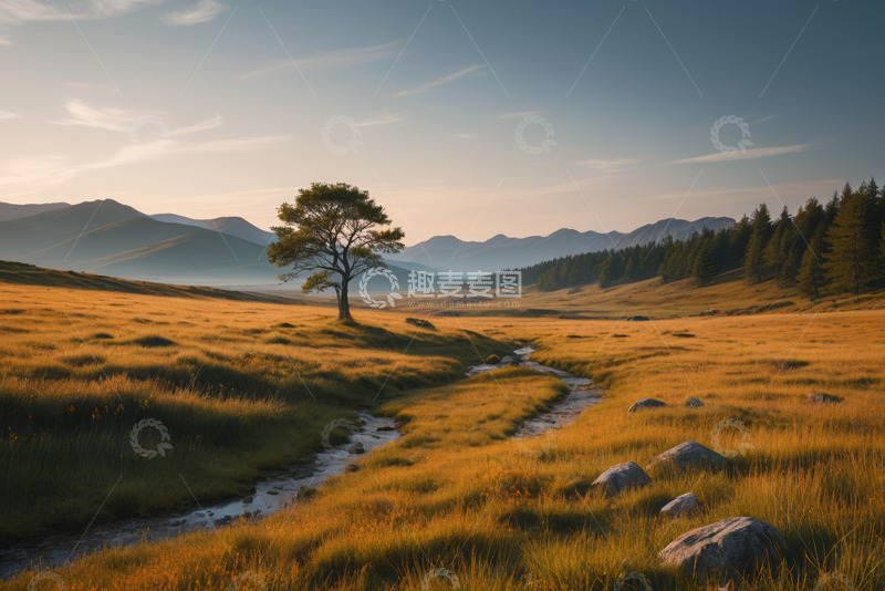 高清大图下载【趣麦麦图】草原上的孤树与溪流风光