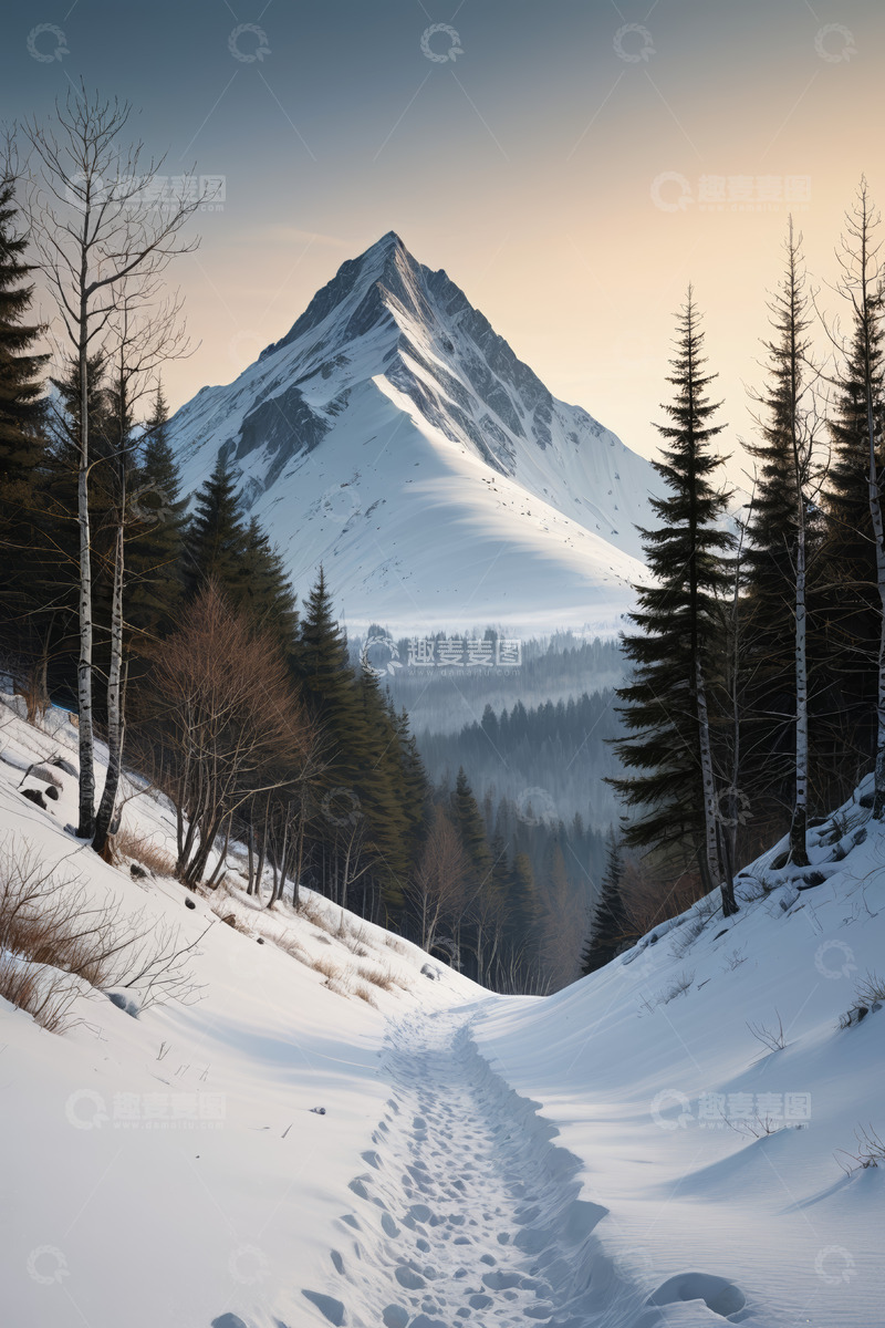 高清大图下载【趣麦麦图】雪山森林间的雪地小径