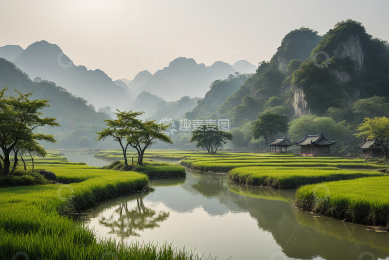 高清大图下载【趣麦麦图】山水间的田园风光