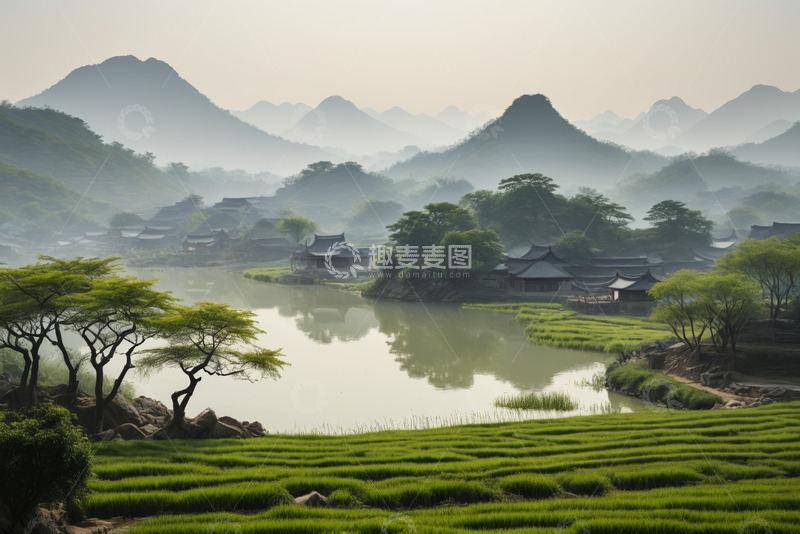 高清大图下载【趣麦麦图】山水环绕的田园村落景观