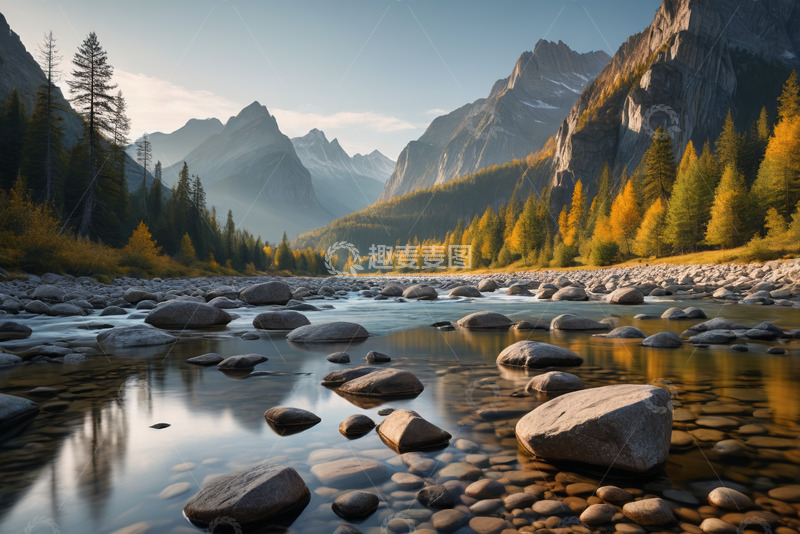 高清大图下载【趣麦麦图】山间河流与森林秋日风光