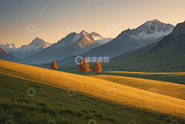 黄昏时分山景与草地风光