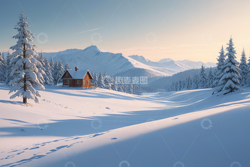 高清大图下载【趣麦麦图】雪中山间小屋与森林风景